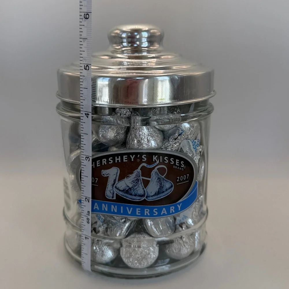 VTG Hershey Kisses Silver Anniversary Jar, 1907-2007, 6”x4”, Filled w Kisses! 😘